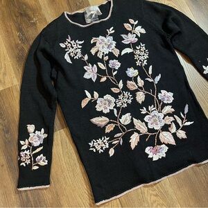 Vintage Y2K Floral Embroidered Black Sweater Vintage Beaded Sweater Cotton